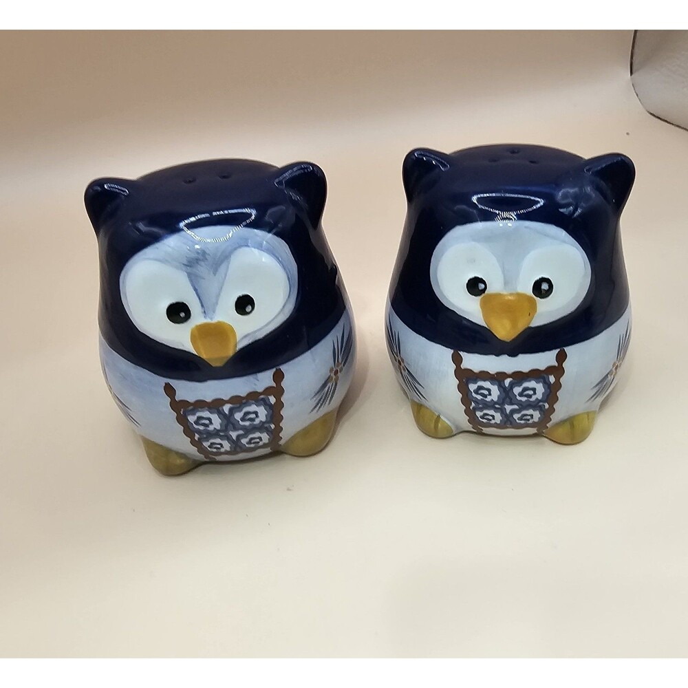 Temptations Old World Dark Blue Ceramic Owl Salt & Pepper Shaker Set